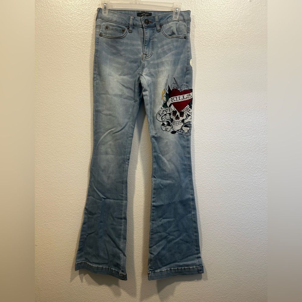 Ed Hardy Light Blue Flare Jeans with Skull Art